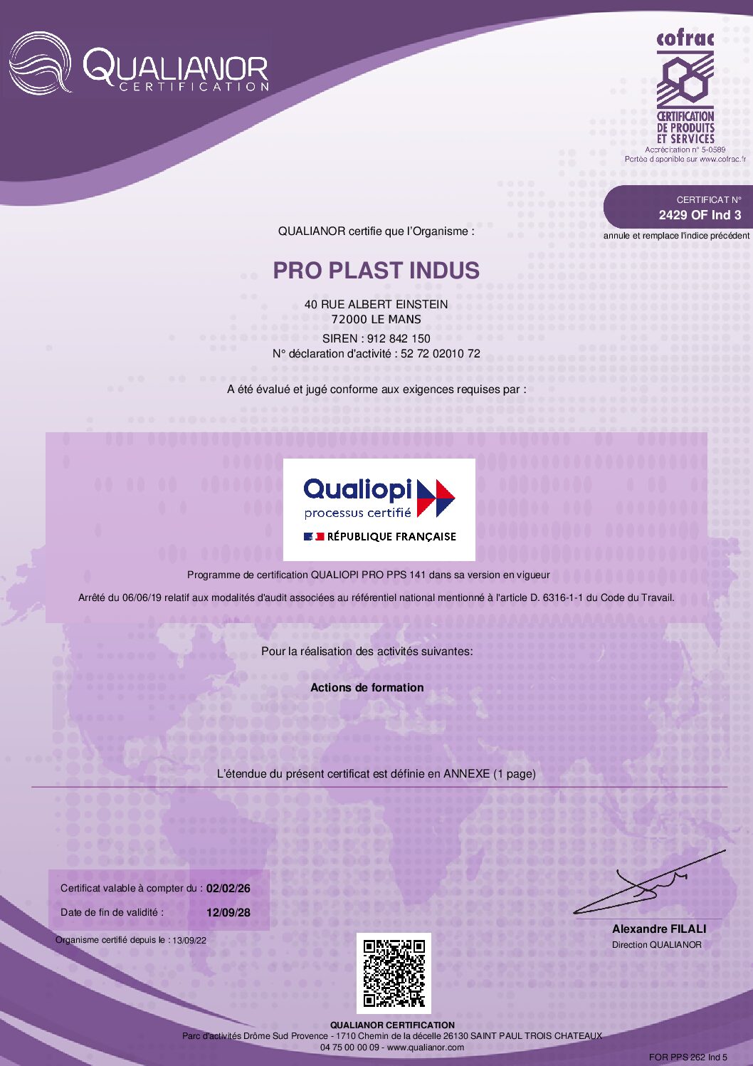 Pro Plast Indus Formation Plasturgie Au Mans Certificat Qualianor 2429 OF IND 3 2